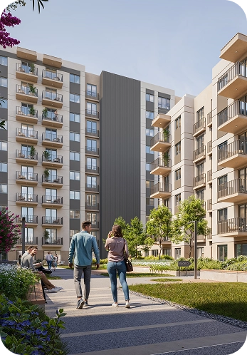 QFLATS bahçesinden binalarının görünümü